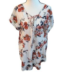 Floral Flowy White Orange Red Flowers Loose Sheer Medium M Blouse Shirt Top